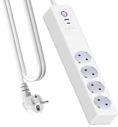Jinvoo Steckdosenleiste, USB-C 65W, 1700J Überspannungsschutz-Mehrfachsteckdose, Steckdosenverteiler mit 1,5 m weißem Verlängerungskabel, Office Home-Steckdose, Überlastschutz,3000W,16A