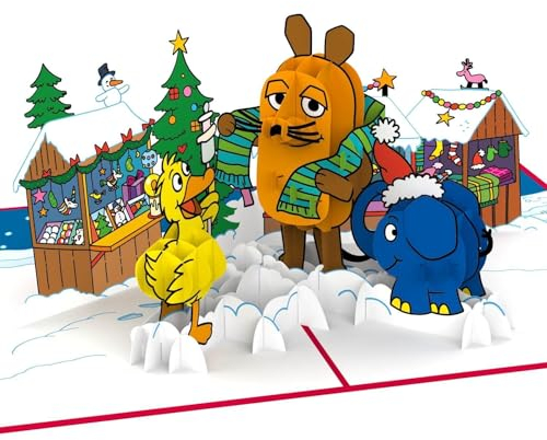 papercrush® x Die Maus Pop-Up Karte Weihnachten „Weihnachtsmarkt“ - Lustige 3D-Weihnachtskarte mit Maus, Elefant und Ente für Kinder, Handgemachte Geschenkkarte für Mädchen & Jungen