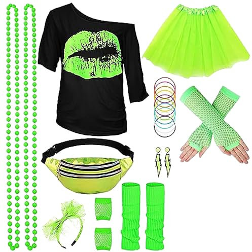 HUOQI 80er 90er Jahre Outfit Damen Damen Set Beinwärmer, Armbänder Neon Damen Neon Kostüm 80s Aerobic Outfit Kleidung Neon Aerobicbekleidung Theme 90er 80er Jahre Outfit für Karneval Neon 80 Jahre