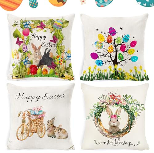 LOEPENLE 4er Set Ostern Kissenbezüge,45x45cm Kissenbezug Ostern,Modern Osterdeko Leinen Kissenhülle Ostern Deko Kissenbezüge Ostern Hase Sofa Kissen,Happy Easter Zierkissenbezug,Osterhase Kissenhülle