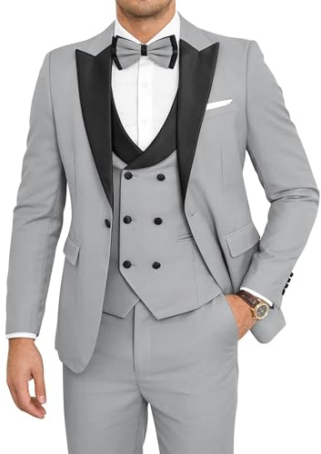 SPTALLFITJSV Men's Tuxedo Suit 3 Piece with Bow Tie, Light Grey, XL
