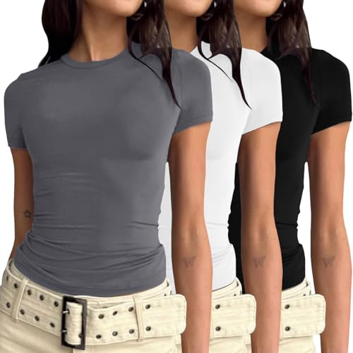 3er Pack Damen Casual Basic Going Out Crop Tops Slim Fit Kurzarm Rundhals Enge T-Shirts