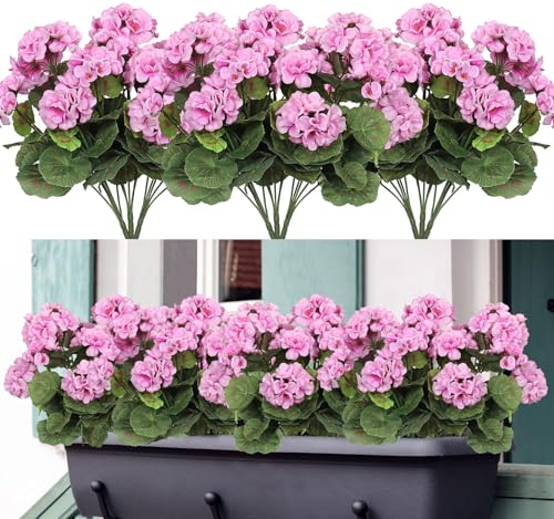 Weldomcor Künstliche Blumen, 3 Bündel im Freien und Innen Gefälschte Geranie, Seide Blumen Dekoration Faux UV-beständige Geranienbusch für Hängende Garten Veranda Fenster Box Dekor, Lila Rosa