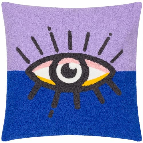 furn. Heya Home All Eyes On You Feather Filled Cushion – Appliqué Eye Bouclé Tufted Decorative Pillow (Lilac/Blue – 45x45cm)