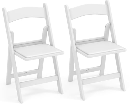 COSTWAY 2er Set Gartenstühle aus Kunstharz, wetterfeste Klappstühle bis 500 kg belastbar, klappbare Terrassenstühle mit gepolstertem Sitz, Balkonstühle für Garten, Balkon, Hochzeit, Party, Weiß