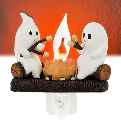 Pipihome Ghost Campfire Nightlight, Halloween Cute Ghost Night Light Plug in Wall, Ghost Campfire Flickering Nightlight, Halloween Lights for Room Decorations