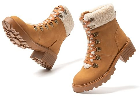 JOMIX Stiefel Damen Winter Rutschfest Schneestiefel Wasserdicht Stiefeletten Warme Gefüttert Plüsch Winterstiefel Klassische Kunstwildleder Lammfell Ankle Boots (MD1055-8, Camel, 38 EU)