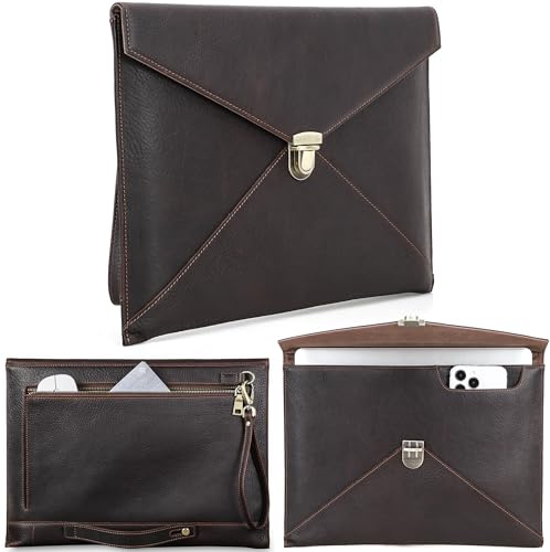 CataPurus Top Grain Leather 14.2 Slim Laptop Bag Case, Envelope Style, Removable Wristlet & 3 Pockets, Fits MacBook Pro 14 Inch 2021 2022 M1 Pro/M1 Max A2442 & other Laptop, Black Coffee 14.2 Inch