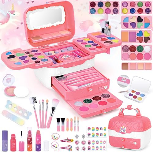 BuzzoXerex Maquillage Enfant Fille, Ensemble de Malette Maquillage Fille 73 Pièces Lavable Coffret Maquillage Enfant avec Miroir de Maquillage, Autocollant pour Ongles et Rouge à Lèvres (Rose)