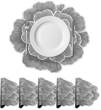 sourcing map Lot de 6 sets de table ronds en polyvinyle pressé, Chemin de Table avec bords argentés et roses grises pour table de salle à manger, 38 x 38 cm