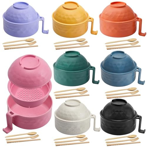 Romooa 8 Sets Microwave Ramen Bowl Set 33 oz Wheat Straw Instant Ramen Cooker Set Portable Noodle Cooker with Handle Noodle Bowl with Spoon Chopsticks Fork College Dorm Room (Multicolor)