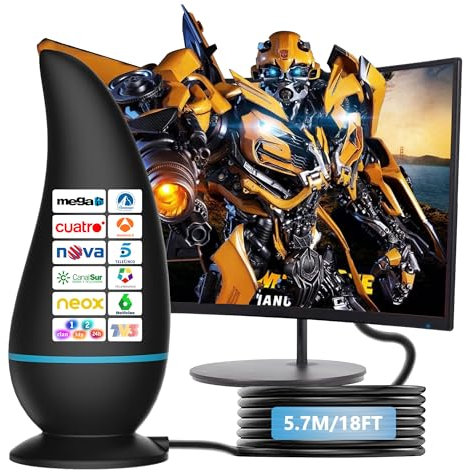 Upgrade Antenne TV, Antenne TV Intérieure Puissante TNT HD, Réception Longue Portée à 360° Amplificateur de Signal Chaînes locales gratuites 4K 1080P DVB-T/DTMB et Tous Les Anciens téléviseurs - 18ft