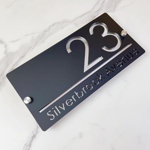 Targhetta numero civico esterno, Disegno sospeso targa numero civico personalizzata, cartello 3D tagliato al laser acrilico moderno (nero&argento)
