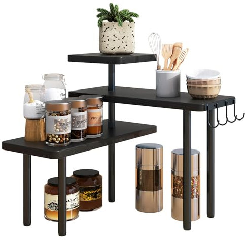 IBUYKE Countertop Organizer,3-Tier Spice Racks,Kitchen Counter Corner Shelf,4 Side Hooks,Adjustable Countertop Shelf for Kitchen, Bathroom, Coffee Bar, Cabinet, Desk,Black,TLJ023B
