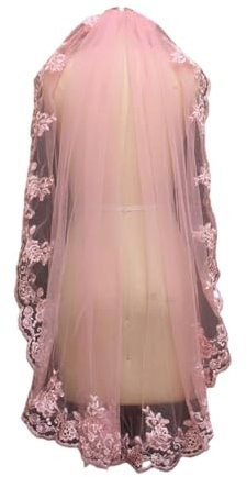 GSHUPIOU Der Brautschleier, das Brautkleid, der Brautschlei Einlagiger, kurzer Hochzeitsschleier aus rosa Spitze mit Kamm, wunderschöner 1-Meter-Brautschleier, Brautparty-Geschenk
