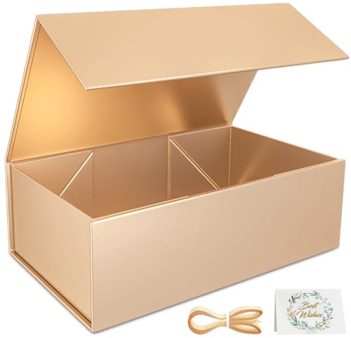 1 Pack Gift Boxes, 30 x 15 x 10 cm Gift Boxes for Presents with Lids Magnetic Closure Rectangle Collapsible for Groomsman Proposal Box, Wedding, Christmas, Halloween, Birthday Gift (Rose gold)
