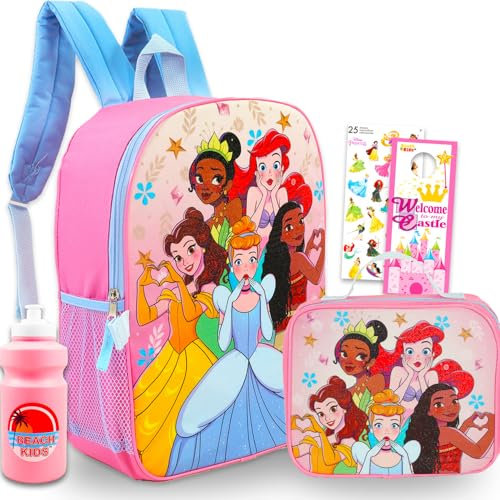 Disney Princess Backpack and Lunch Box Set - Bundle with 15 School Bag, Lunch Bag, Water Bottle, Stickers, More | Disney Princess Backpack with Lunchbox for Girls, Kids, Multicolor, Disney Princess