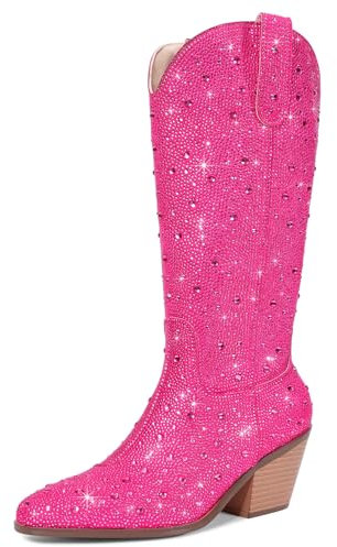 RONILURN Bottes de cowboy pour femme avec strass et paillettes scintillantes - Bout pointu - Talon épais, Mi-mollet rose vif, 39 EU