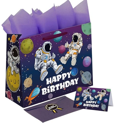 Sumerk Weltraum Geschenktüte zum Geburtstag mit Seidenpapier, Grußkarte, Umschlag und Aufklebern – Geschenktüte mit Astronauten Motiv zum Geburtstag