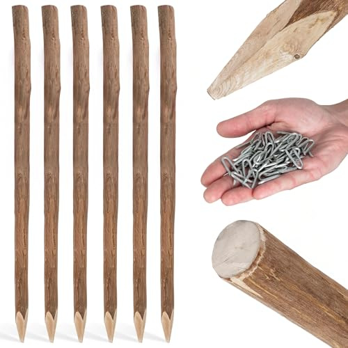 BOGATECO 6 x Haselnuss Staketenzaun Pfosten | Angespitzte Holz-Pfahl | 6-teiliges Set für einen 500 cm Langen Gartenzaun Zaunpfosten Hozpflock Holzzaun Zaunpfähle Holzpfosten rund (6X 180 cm HOCH)