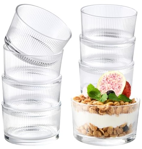 YBCPACK 8 Pack Small Glass Dessert Bowls, 6.5 oz Ribbed Ice Cream Bowls, Dishwasher Safe Dessert Glasses for Sundae, Salad, Fruit, Parfait