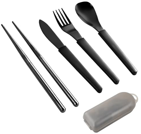 Aurafly 4PCS Cubiertos Camping, Cubiertos Viaje de Acero Inoxidable con Cuchara, Tenedor, Cuchillo y Palillos, Resistente a la Oxidación, Negros