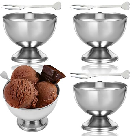 4 Pièces Coupe a Glace Acier Inoxydable avec Fourchettes, Pieds en Métal Sundae Bols de Dessert, Plateau de Glace en Argent pour Servir le Condiment de la Salade de Pudding Snack Yogourt (9 Cm)