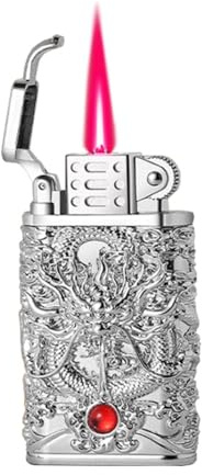 Feuerzeug in Drachenform mit Gravur, windfeste rote Flamme, vierseitiges Relief, tragbares Metall, verstellbar, nachfüllbar mit Butan, geeignet for Anzünden von Kerzen und for Campingausflüge.(Silver)