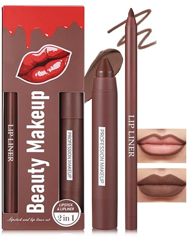 Set rossetto e lucidalabbra marrone scuro, in velluto matte, con texture liscia e setosa, durevole, impermeabile, resistente alle sbavature, altamente pigmentato, non-stick, per labbra