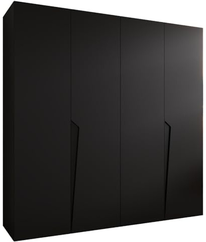 MEBLE KRYSPOL - Kleiderschrank - Garderobenschrank - 200 cm x 202 x 52 cm - Schrank mit Kleiderstange, 4 Türen - für Schlafzimmer, Flur - Piano, Schwarz, Griff Schwarz