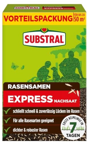 Substral Rasensamen Express Nachsaat 1kg für 50m² schnelle Rasenreparatur | Erste Keimlinge nach 7 Tagen | Schließt Lücken schnell | Für dichten robusten Rasen
