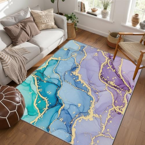 PaxGloz Teppich Lila Gold - Teppiche Wohnzimmer Schlafzimmer Türkis Lila Gold, Großer Teppich Marmor Optik, Weich Kurzflor & Waschbar & rutschfest Wohnzimmerteppich, Bettvorleger 120x180 cm