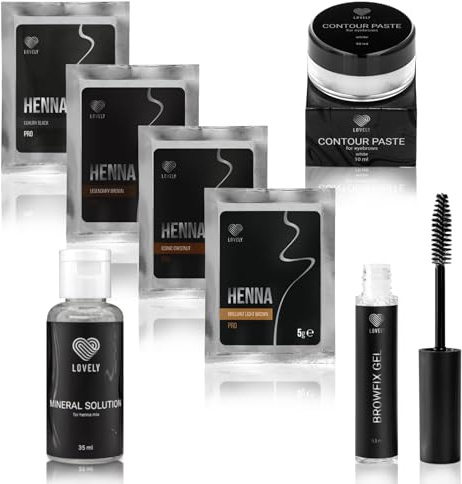 LOVELY Henna Augenbrauen Set mit 4 Farben inkl. Mineral Solution Farbentwickler, Konturenpaste & Augenbrauengel - für definierte, volle Augenbrauen und langanhaltende Brauenfarbe