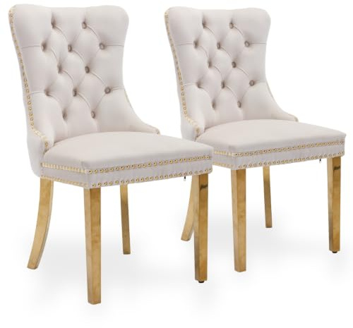SEEDWAVE Esszimmerstühle 2er Set aus Samt, moderner Küchenstuhl, Polsterstuhl mit Ringgriff, Nieten und Knopf-Rückenlehne, Metallbein mit verstellbaren Fußpads (Beige/goldene Beine)
