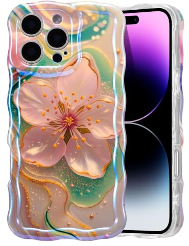 EYZUTAK für iPhone 16 Pro Hülle, Bunte Vintage Ölgemälde Blumen, Sakura | Glitzer Flower Muster Handyhülle, Niedliche Lockiges Wellenförmiger Rand, Langlebige TPU Schutzhülle, Für Mädchen Frauen