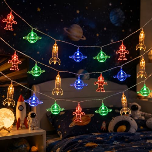 ZingBox Lichterkette Kinderzimmer Junge, 3M 20LED Bunt Batterie Blinkend | Kinder Lichterkette mit Astronaut Rakete Planeten für Kinderzimmer Deko, Innen Kinderbett Hochbett Kinder Geburtstag Party
