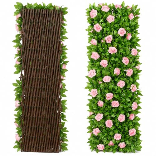 Garden Trellis with Leaves, Expanding Garden Trellis Panels, Artificial Trellis Screening with Ivy and Violet Flower, Artificial Ivy and Violet Flower Fence Screening (Roses*1)