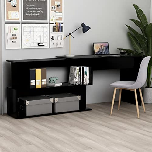 Ordellia Bureau d'angle Noir 200x50x76 cm en Bois d’ingénierie, Meuble Informatique Ergonomique pour Ordinateur PC Gamer, Espace de Rangement, Table Console Pliable pour étude et télétravail