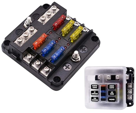 BlueFire Aufgerüstet 6 Fach Sicherungshalter, 30A 9-32V Unabhängiger Betrieb KFZ Sicherungskasten, mit 12PCS Sicherung + LED Warnleuchten für KFZ Auto Wohnmobil Marine Boot Trike