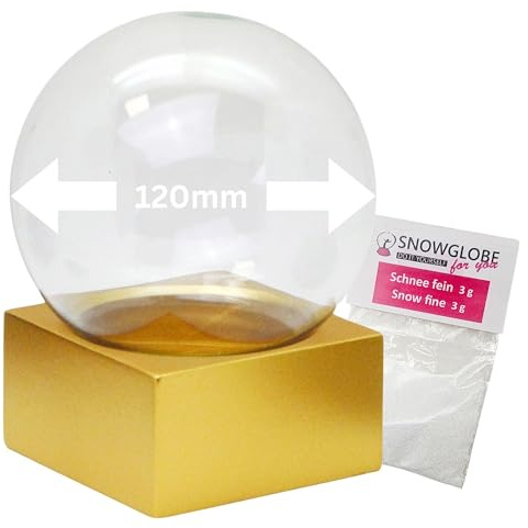 120mm-Do-it-Yourself Schneekugel Bastelset m. 1 x Schnee | DIY Glaskugel Sockel Gold matt eckig | B: 120mm H 140 mm | 40100