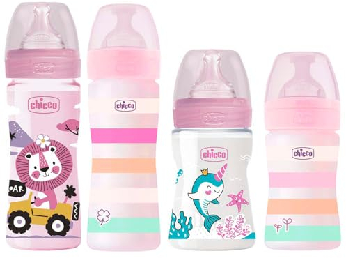 Chicco Lot de 4 biberons anticoliques pour bébé de la naissance à 6 mois, tétines en silicone 0 m+ & 2 m+, 2 x 150 ml et 2 x 240 ml, fabriqué en Italie