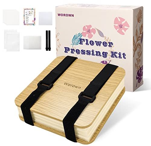 Worown Blumenpresse-Set (15 x 15 cm), 4- Schichten Blütenpresse aus Naturholz,für Kinder zum Basteln, mit Anleitung & Geschenkbox (Braun)