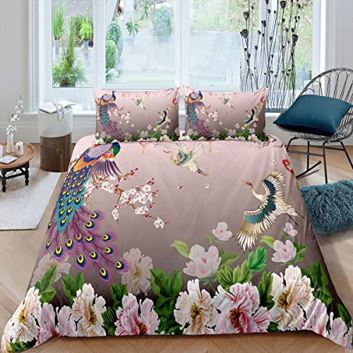 feelingyou Flugkräne Bettwäsche-Set Lila Pfau Bettwäsche Set 155x220cm Pfingstrosenblume Betten Set für Kinder Jungen Mädchen Teenager 2St.Reißverschluss Mikrofaser