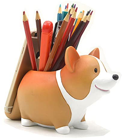 MONMOB Pot à crayons créatif avec support de téléphone, organisateur de bureau, accessoires de décoration, cadeau pour la maison, le bureau, l'école (Corgi)