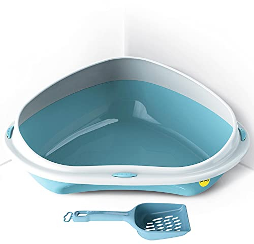 CAT CENTRE Blue Large Corner Cat Open Litter Tray With Scoop Bundle Kitten Pet Toilet Plastic Loo Pan Box Anti-Spillage Lowered Entry Step Rounded Corners Detachable Rim Easy Cleaning No Spilling