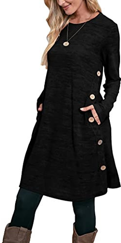Aokosor Jumper Dress for Women Long Sleeve Dress Ladies Button Tunic Dress with Pockets Black Size 10-12