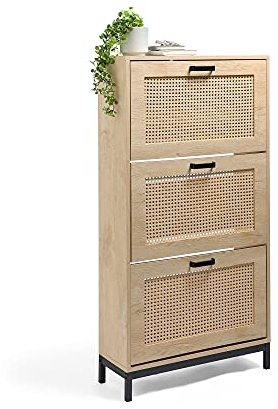 VonHaus Rattan Shoe Cabinet - Wicker Shoe Cupboard w/ 3 Pull Down Doors - Light Wood Effect Footwear Organiser - Fits Shoes Up to Size 9 - Industrial Scandi Style for Living Room & Hallway - Lena