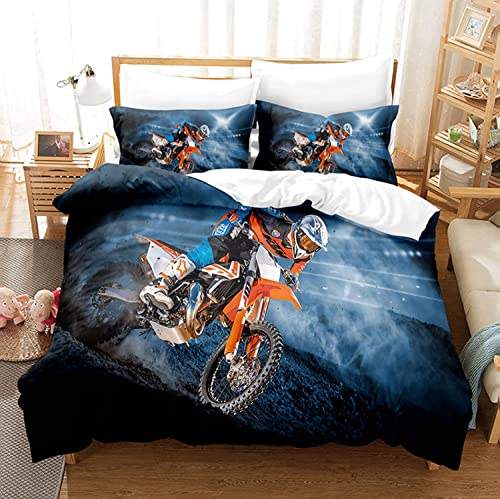 Motocross Bettwäsche 135x200cm,3D Motorrad-Bettbezug mit 2 Kissenbezug,100% Mikrofaser,Extremsport-Thema Blau Bettwäsche für Kinder Jungen Männer