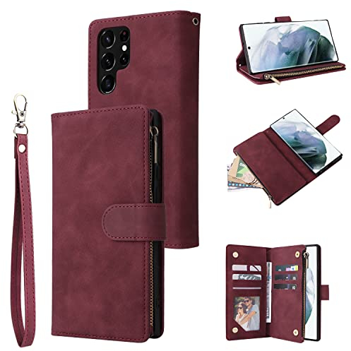 QLTYPRI Hülle für Samsung Galaxy S22 Ultra, Premium Leder Handyhülle mit Große Kapazität 6 Kartenfach & 1 Reißverschluss Tasche Ständer Schutzhülle für Samsung Galaxy S22 Ultra - Weinrot