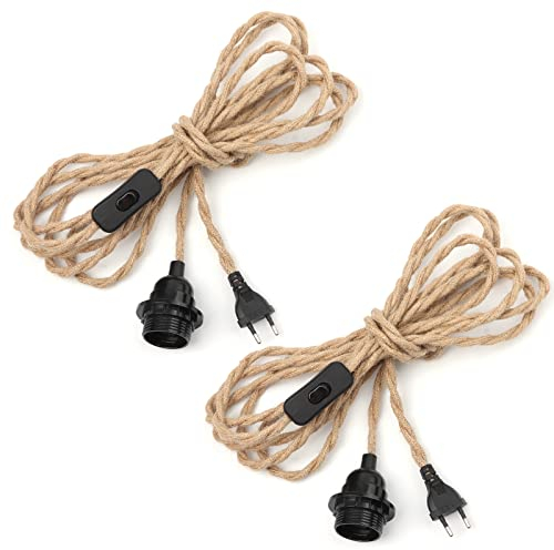 2 Paar E27 Lampenfassung Pendelleuchte mit Stecker, 4,5m Lampenkabel Hanfseil Textilkabel mit Schalter Schraubring Lampensockel für DIY Stehleuchten Vintage Hängeleuchte Hängelampe Kronleuchter